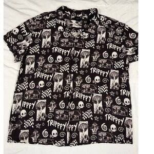 Philcos Trippy Mushroom Skull Graphic Button Down Shirt Mens Large Black White